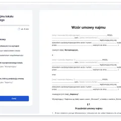 Formularz tworzenia umowy najmu mieszkania z polami do wypełnienia danych stron i przedmiotu umowy.