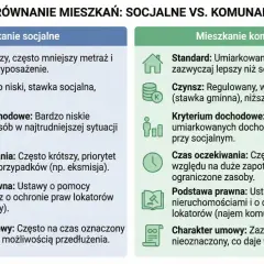 Porównanie mieszkań socjalnych i komunalnych: standard, czynsz, dochody, czas oczekiwania, podstawa prawna, charakter umowy.