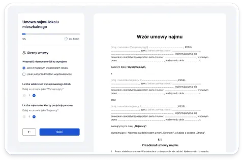 Formularz tworzenia umowy najmu mieszkania z polami do wypełnienia danych stron i przedmiotu umowy.