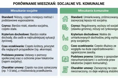Porównanie mieszkań socjalnych i komunalnych: standard, czynsz, dochody, czas oczekiwania, podstawa prawna, charakter umowy.