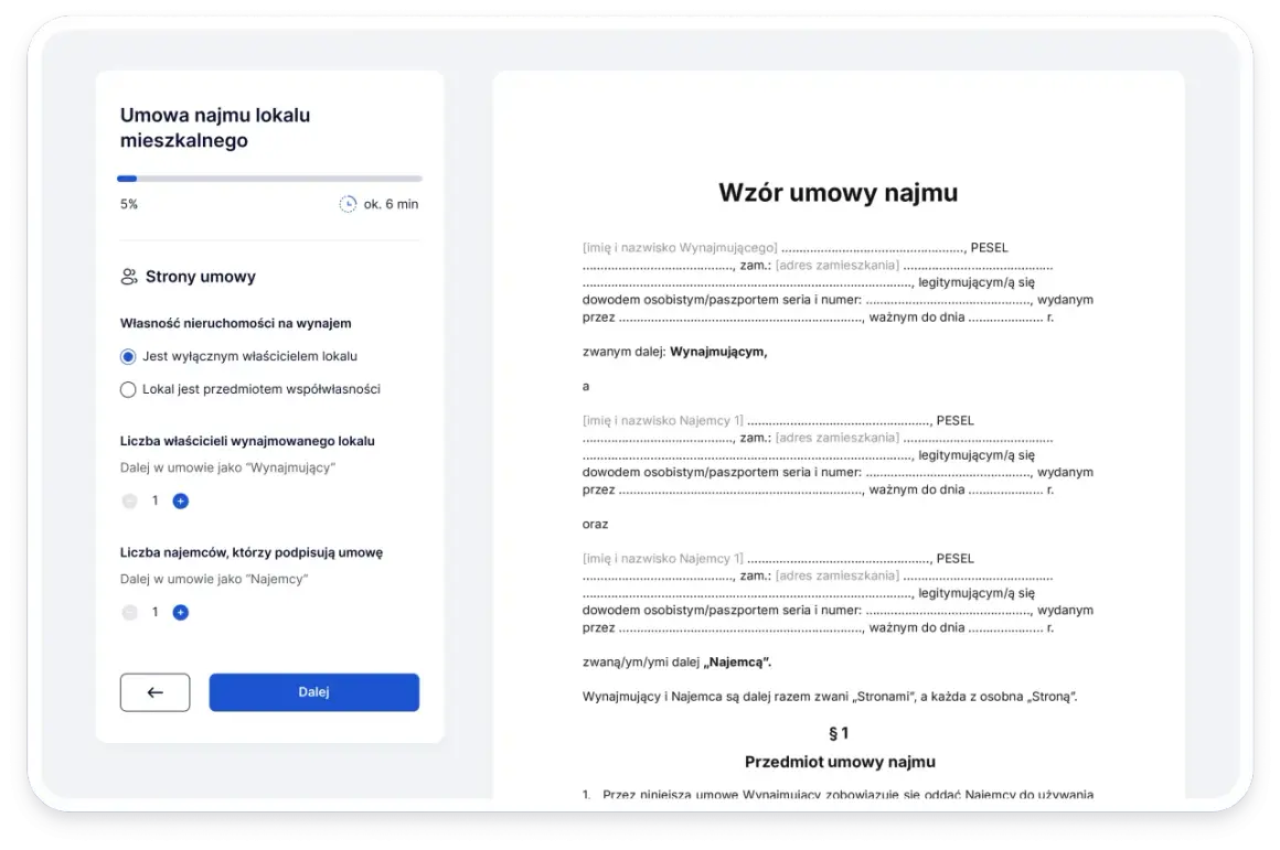 Formularz tworzenia umowy najmu mieszkania z polami do wypełnienia danych stron i przedmiotu umowy.