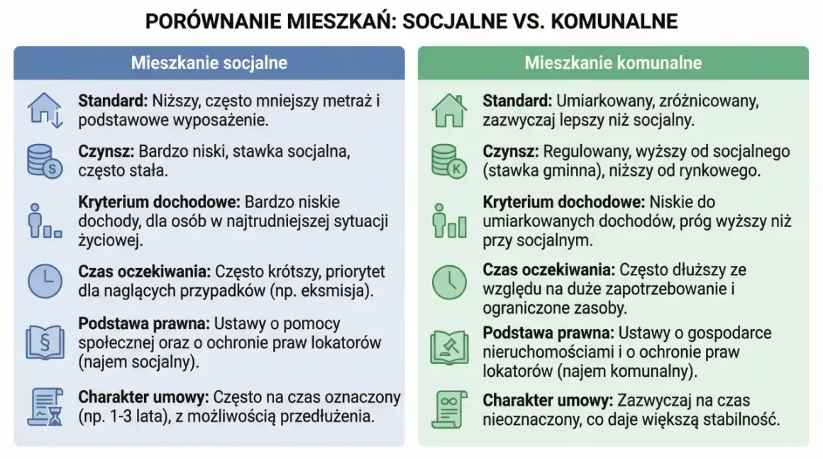 Porównanie mieszkań socjalnych i komunalnych: standard, czynsz, dochody, czas oczekiwania, podstawa prawna, charakter umowy.