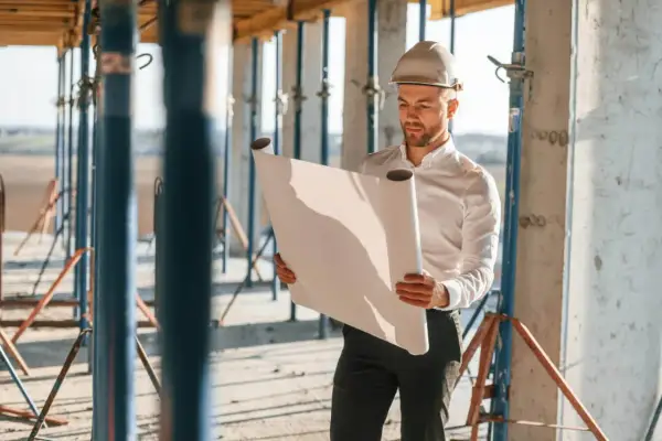 Mężczyzna w kasku i białej koszuli trzyma zwinięty plan na budowie.
