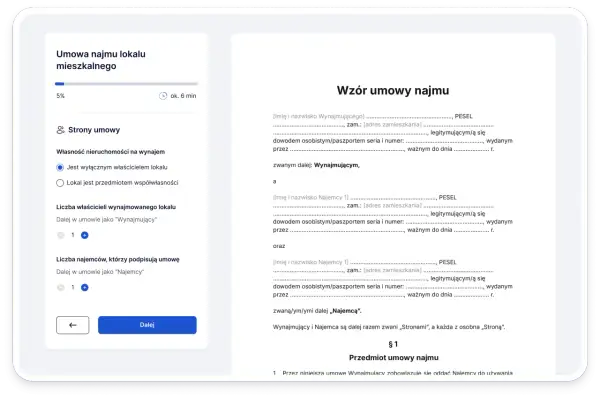 Formularz tworzenia umowy najmu mieszkania z polami do wypełnienia danych stron i przedmiotu umowy.