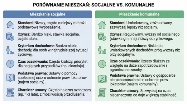 Porównanie mieszkań socjalnych i komunalnych: standard, czynsz, dochody, czas oczekiwania, podstawa prawna, charakter umowy.
